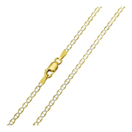 14K Real Yellow Gold Flat Mariner Two Tone White Pave Chain Necklace 2.0mm Width for Children & Women