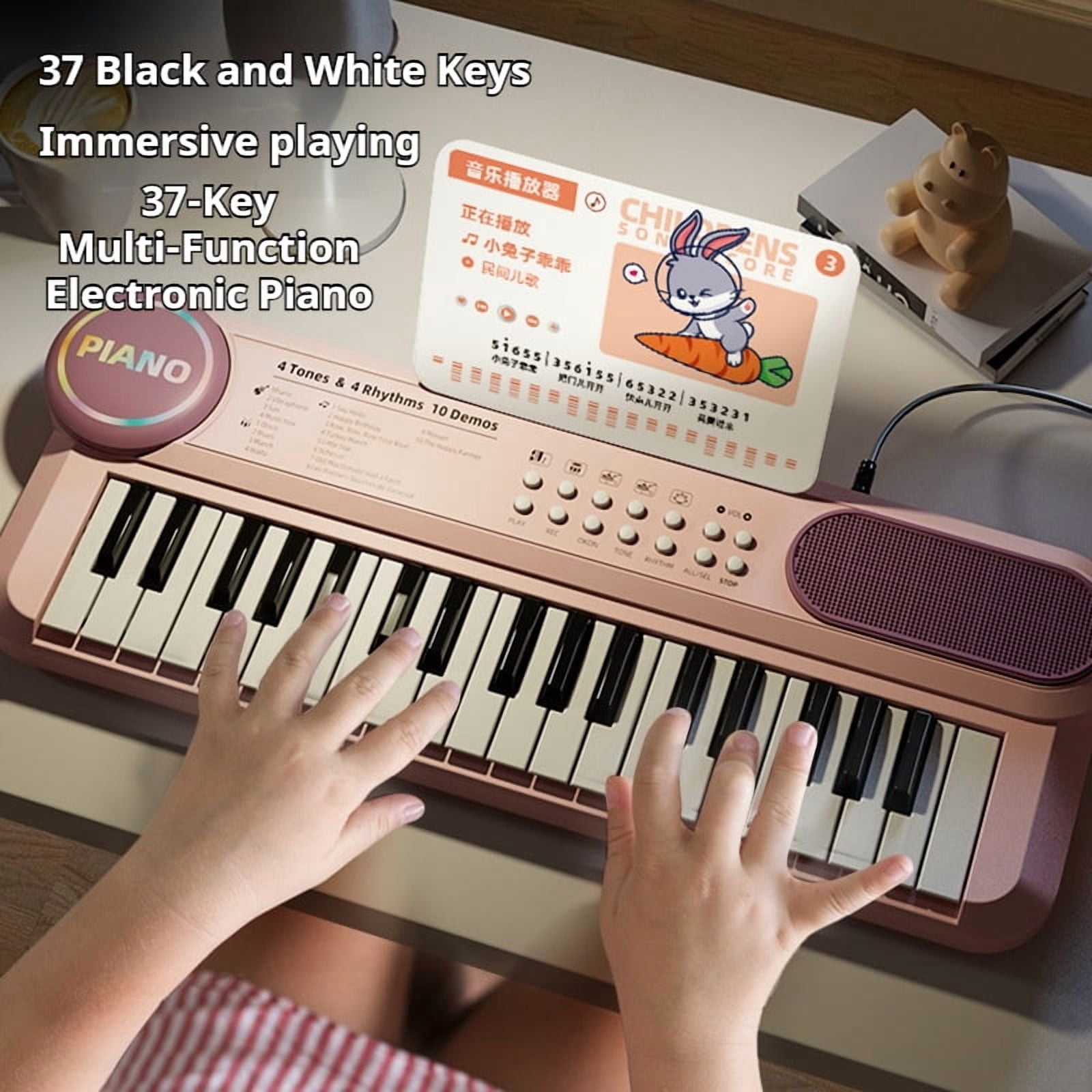 Funtogether Toys Kids Piano Keyboard, 37-Key Portable Electronic Musical Instrument with Microphone & Music Stand, Educational Toy for Beginners with Record & Play Function