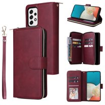 Feishell for Samsung Galaxy A53 5G (6.5 inch) Wallet Case for Women Men,Premium PU Leather Magnetic Clasp Zipper 9 Card Slots Folio Flip Holder Shockproof Purse Phone Case with Wrist Strap,Winered