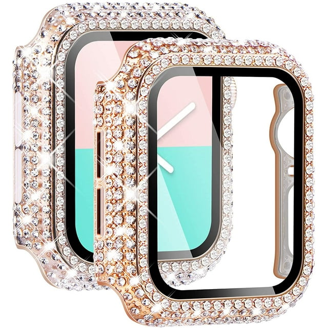 GHSDFBB 2-Pack Bling Cases with Screen Protector Compatible for Apple Watch 38mm for 40mm Only 42mm 44mm, Fully Paved Diamonds Protective Case for iWatch SE Series 6 5 4 3 2 1 (44mm, Rose Gold+C