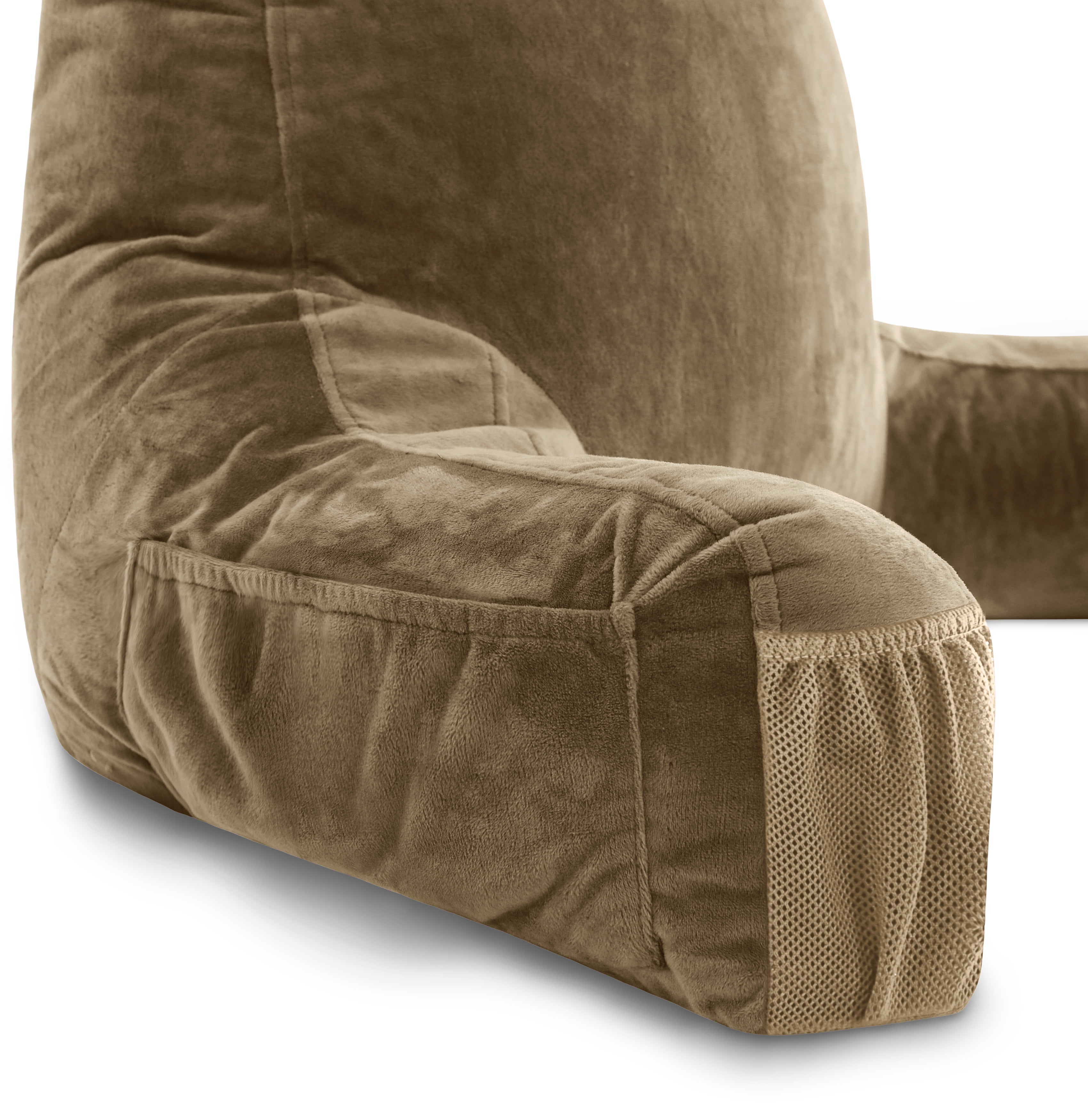 Husband Pillow Medium Tan, Backrest for Kids, Teens, Petite Adults - Reading Pillows With Arms, Adjustable Loft, Plush Memory Foam, Bed Rest Chair for Sitting Up, Detach Neck Roll, Removable Cover