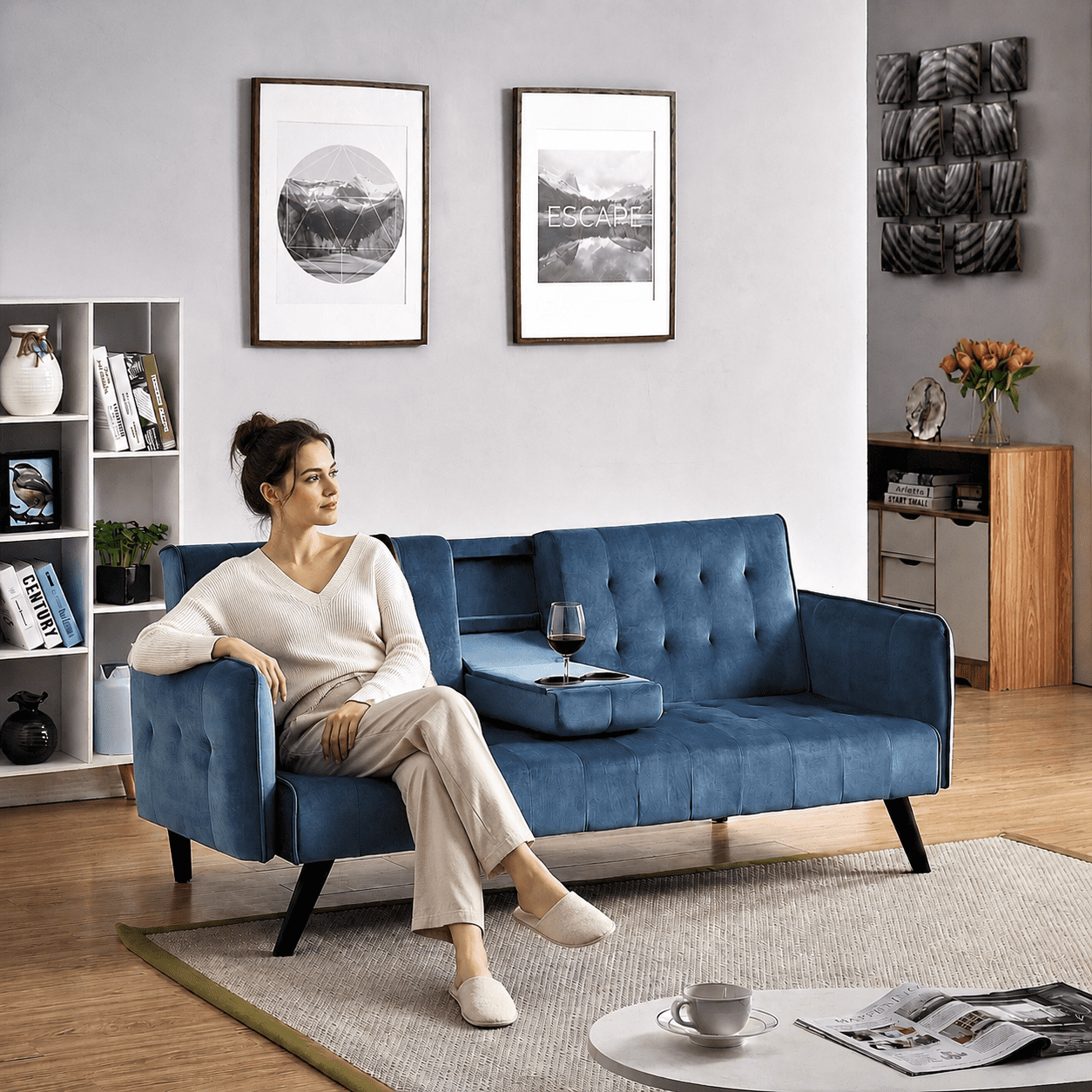 BSHTI 72" Linen Sleeper Sofa Bed with Folding Backrest,Adjustable Back, Drop-Down Table with Cup Holder for Living Room（Blue）
