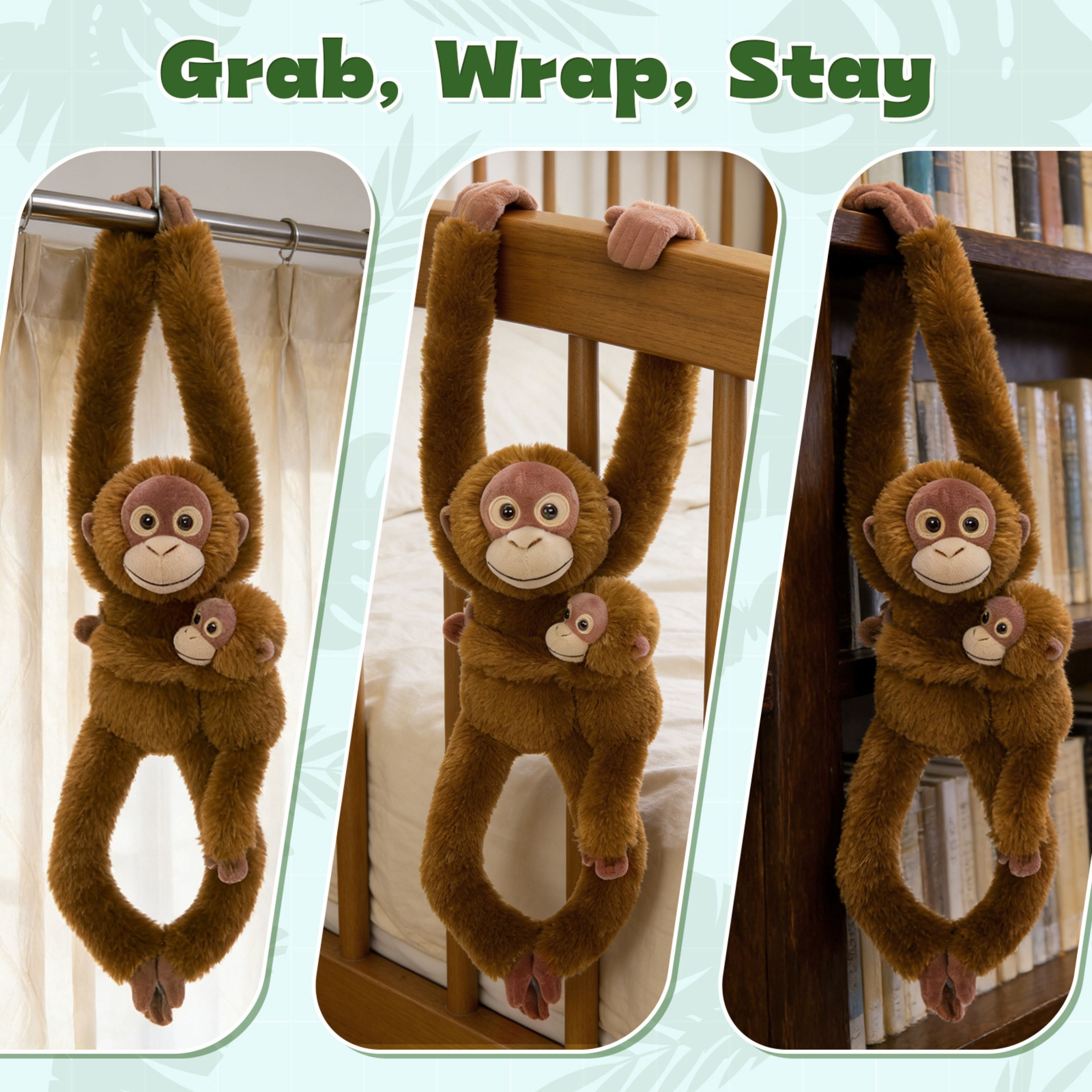 Tezituor 2pcs Hanging Monkey Stuffed Animal Weighted Stuffed Orangutan and Baby with Hook and Loop Fasteners Hangs Plush