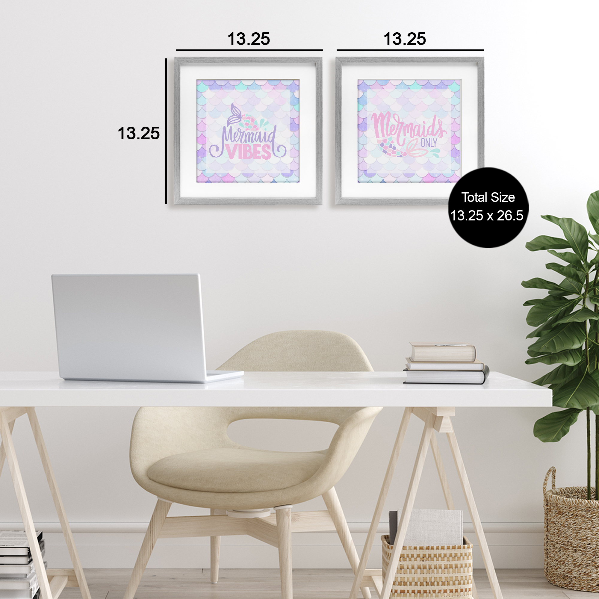 Dreamy Mermaid Phrases with Scales 2 Piece Gray Framed Print Under Glass Set, design by Kim Allen