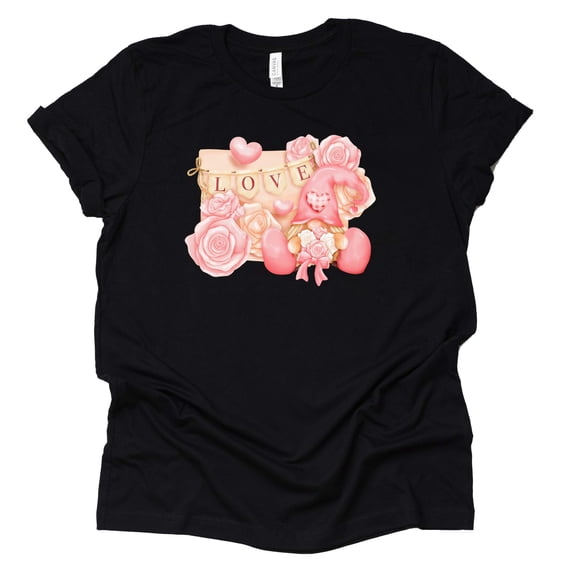 Love Roses Gnome Shirt, Valentines Day Shirt, Hearts Shirt, Unisex Short Sleeve Shirt (Black, Large)