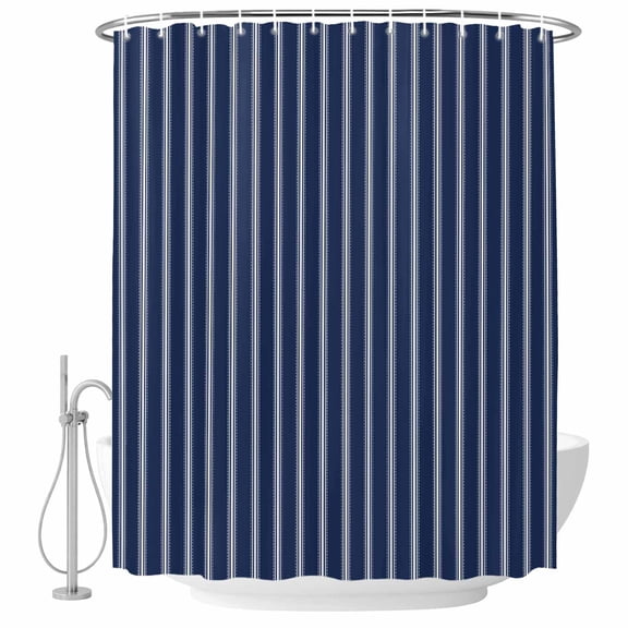 Navy Blue Stripe Fabric Shower Curtain Vertical Striped Washable Shower Curtains for Bathroom, Waterproof Bath Curtain with Hooks Home Decor 36x72in