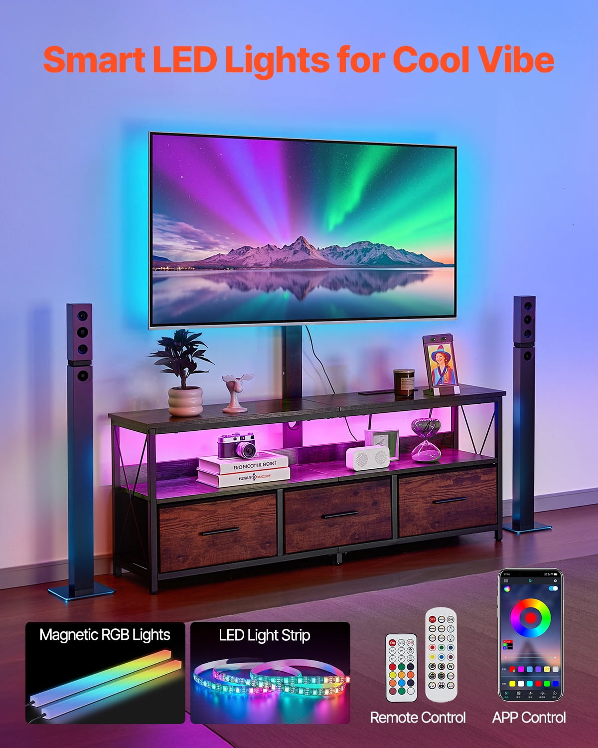KFFKFF 52" Television Stand Suits 32-75", TV Console with Power Outlet and LED Lighting, Swivel & Height Adjustable TV Mount, Ideal for Bedroom