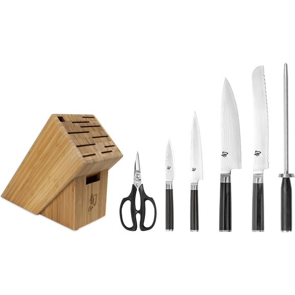 Shun Classic 7-Piece Essential Block Set, Includes 8-Inch Chef Knife, 3.5-Inch Paring Knife, 6-Inch Utility Knife, 9-Inch Bread Knife and Herb Shears, Pakkawood Handles"
