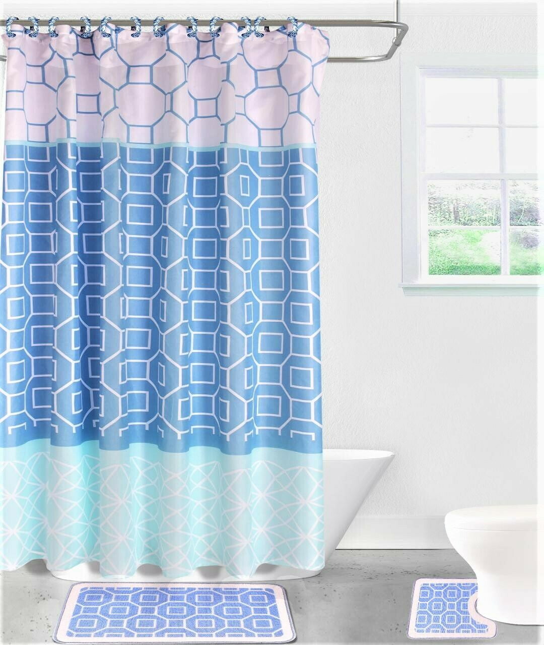 15-Piece Diamond Print Design Silver-Blue High Quality Bathroom Bath Rug Set Anti Slip Toilet Rug 17'x28', Contour Mat 17'x17' with Non-Skid Rubber and Shower Curtain 12 rings covered Machine wash