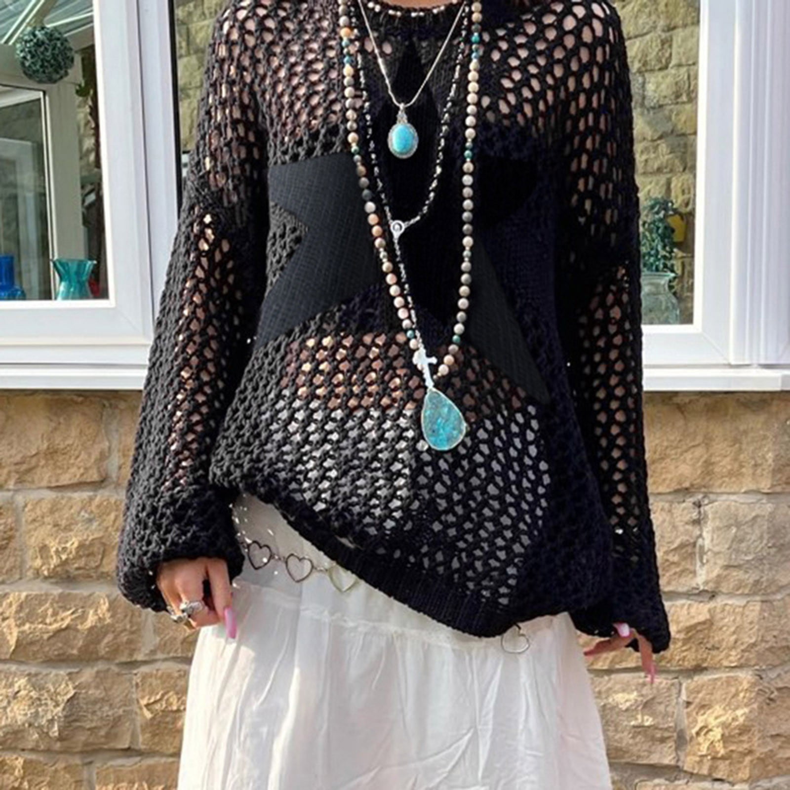 black crochet top long sleeve