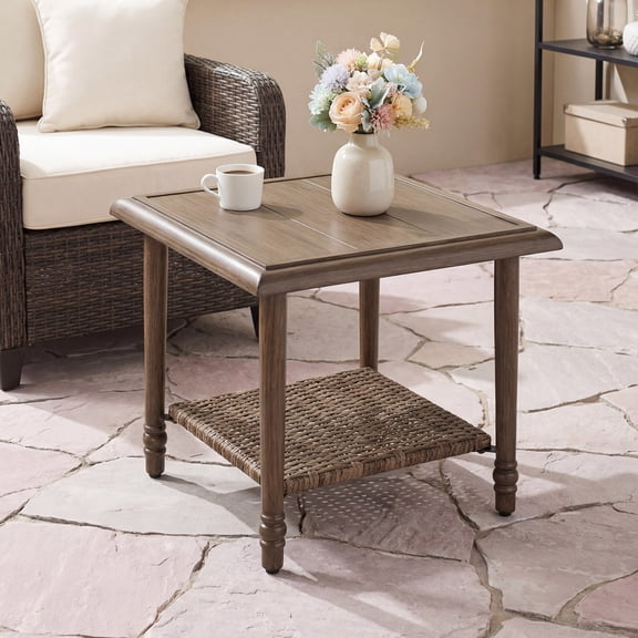 Maagorbyme Wicker End Table  for Outside,Hand-painted Wood Grain Finished with Large Wicker Storage Shelf for Patio, Porch, Garden