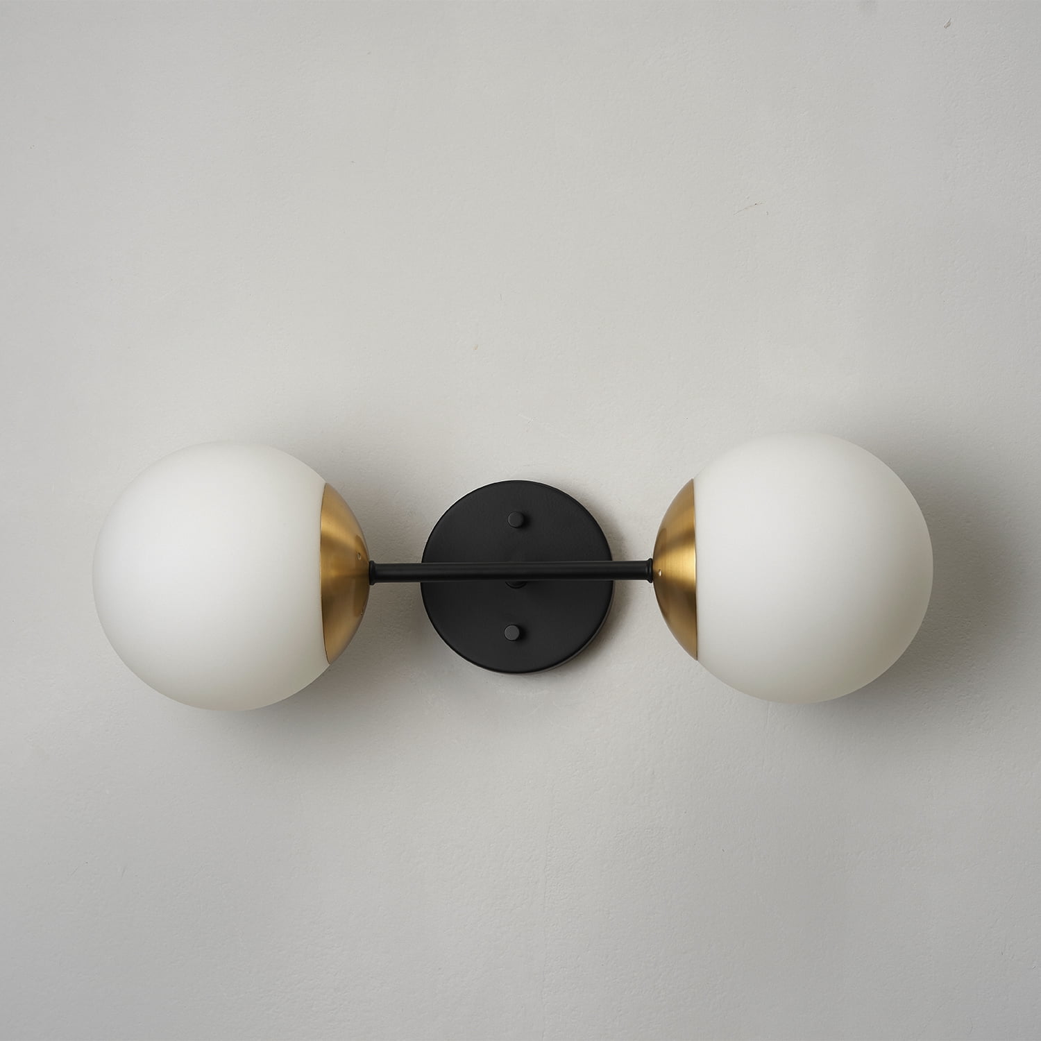 Globe Electric Indoor 2-Light Matte Black Wall Sconce with Brass Accent and Opal Shades, No Battery