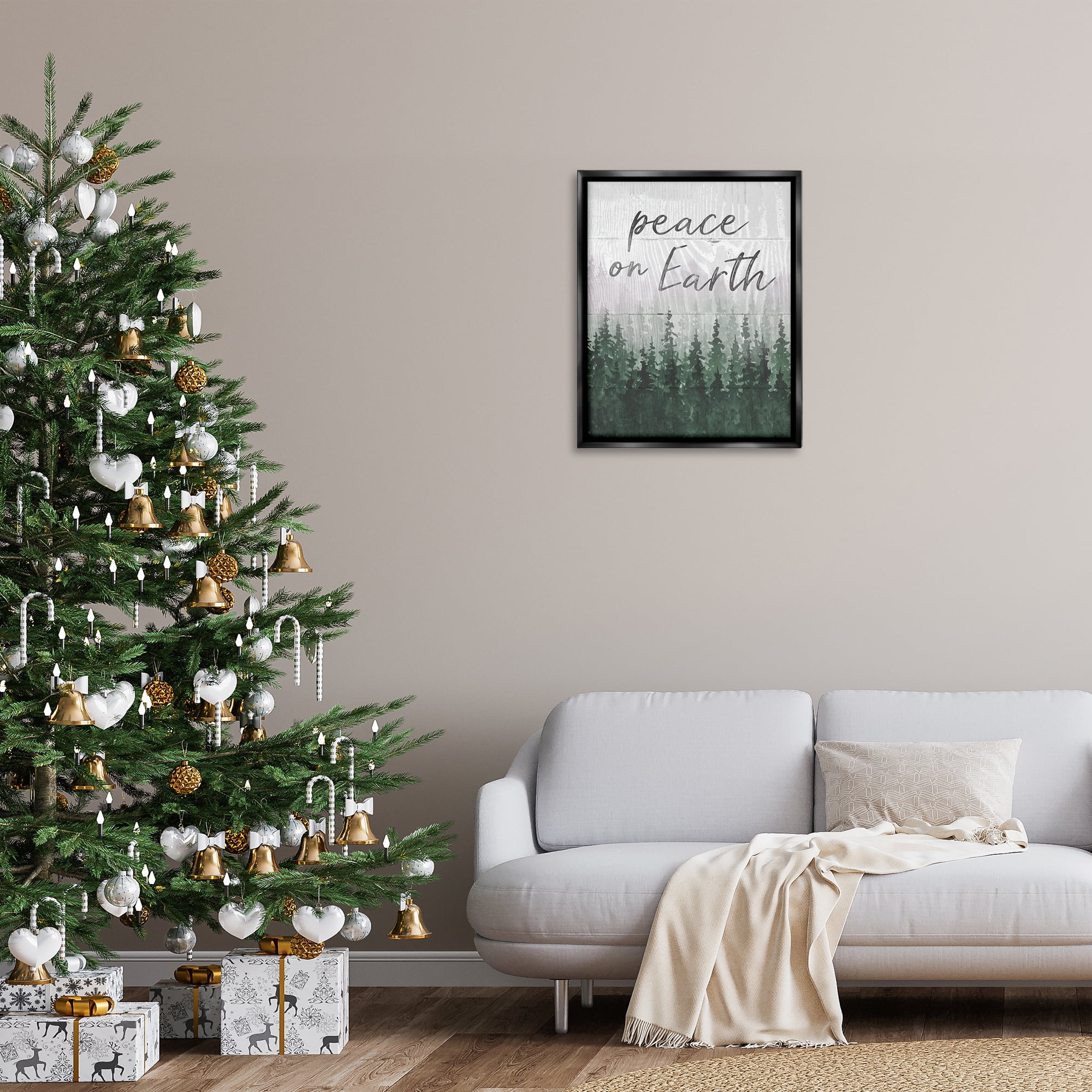 Stupell Industries Rustic Peace on Earth Holiday Painting Black Floater Framed Canvas Art Prints Wall Art, 25 x 31