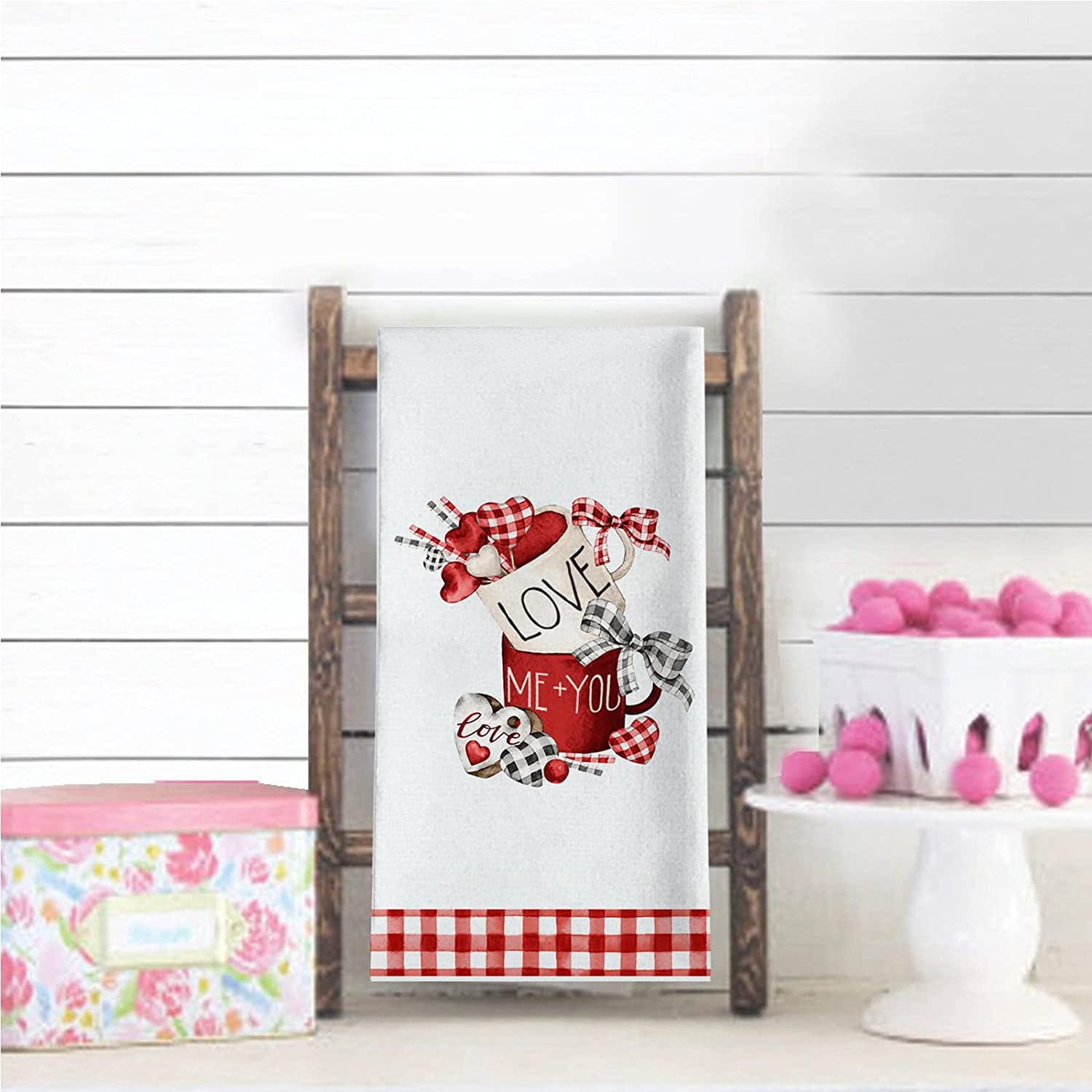 1PCS Kitchen Towels Tea Towel, Heart Shape Red Buffalo Plaid