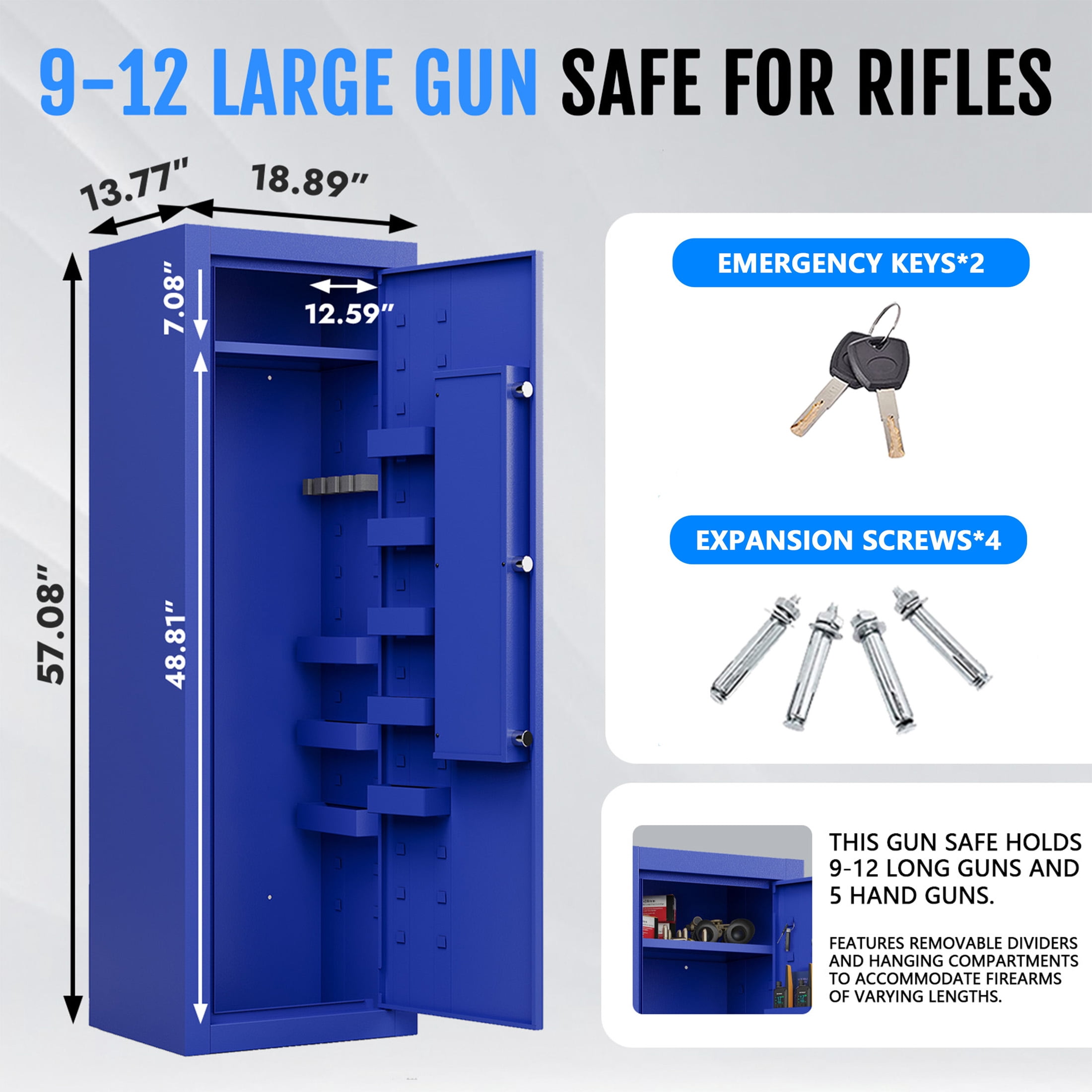 Sapital Biometric Rifle & Shotgun Safe, Heavy Duty Steel Gun Cabinet with Adjustable Racks, Blue