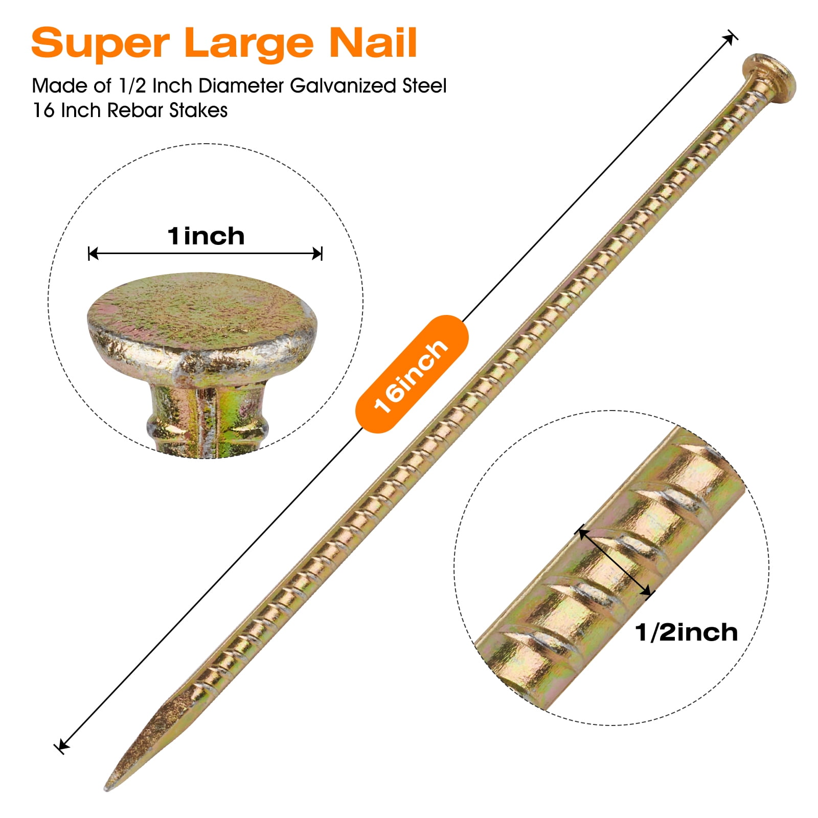 8 Pcs 16" Rebar Stakes Galvanized Steel Ground Anchors 1/2" Diameter - Heavy Duty for Plant Support Garden Stake Speed Bump, Wheel Stop, Tent