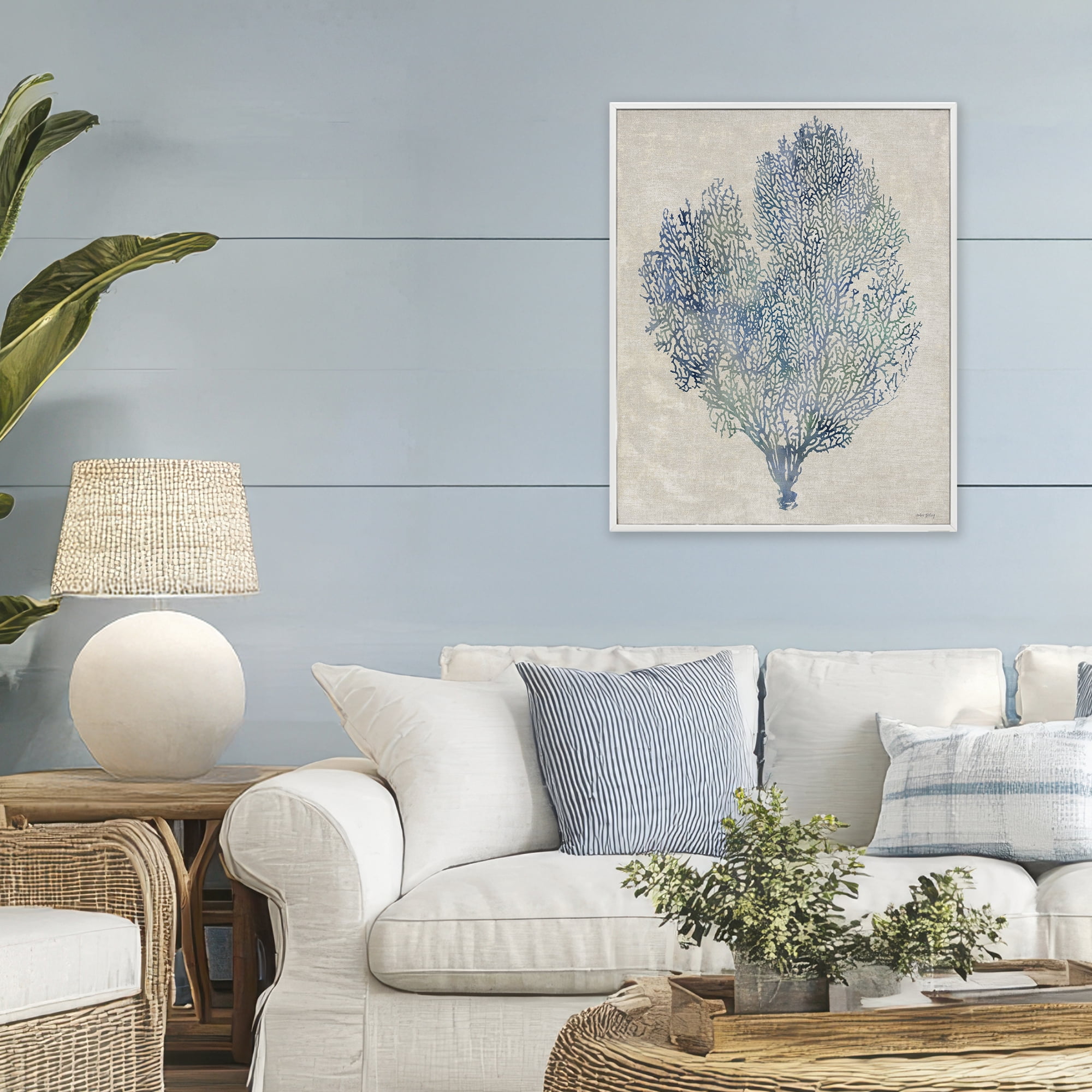 Stupell Industries Fan Coral in Blue & Green White Framed Giclee Art, design by Amber Sterling