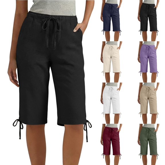 Linen Capri Pants Women Drawstring Elastic Waist Side Pockets Knee Length Casual Summer Shorts Tie Hem Bermuda Trousers