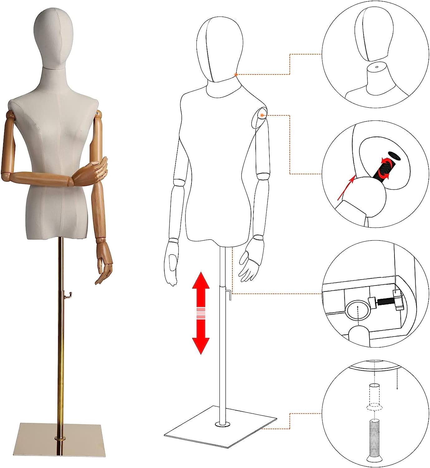 Bonnlo Female Head and Posable Wooden Arms Mannequin with Metal Base, 29.5"-52", White/Brown
