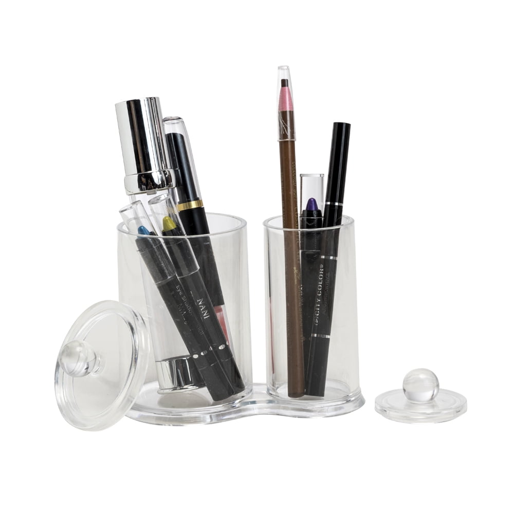 K-Cliffs Clear Acrylic Cotton Ball and Swab Holder/Attached Containers with Separate Lids/Cosmetic Organizer