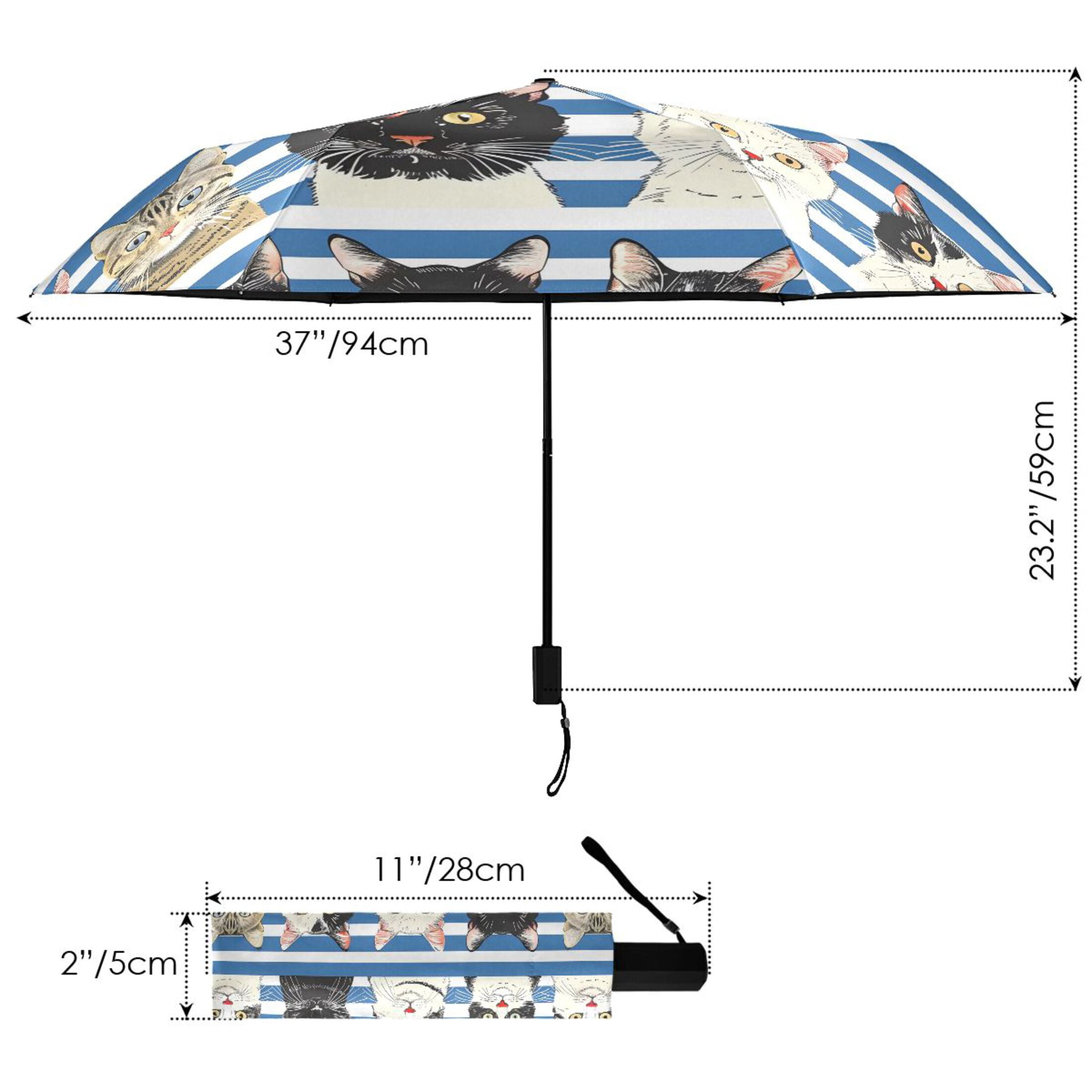 Cats with Blue White Striped Compact Sun Umbrella Windproof Travel Umbrellas for Rain Strong Portable UV Protection