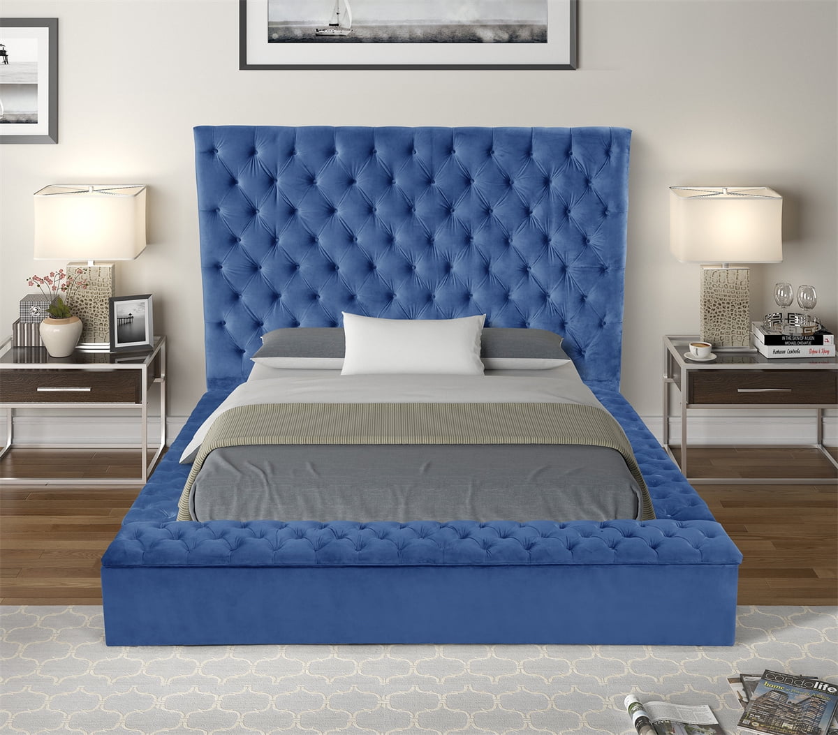 5 Pieces Bedroom Set in Blue,Blue Velvet Bedroom Set,Full Size Platform