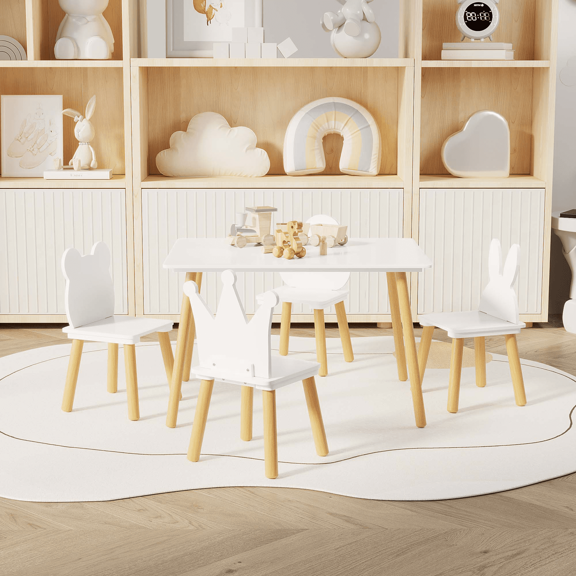 Kids Table and Chair Set 31.5 Inch, 5 Piece Wooden Activity Table and 4 Chairs for Toddlers Children, White