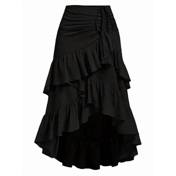 Women'S Boho Wrap Front Self Tie Knot Ruffle Hem Split Midi Skirt Black XXL