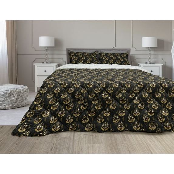 Boho Comforter & Sham Bedding Set, Oriental Floral Forms Beauty Blooms Ornamental Leaf, 3 pcs Duvet Set Microfiber Filling Quilt, 5 Sizes, Caramel Pale Coffee, by Ambesonne