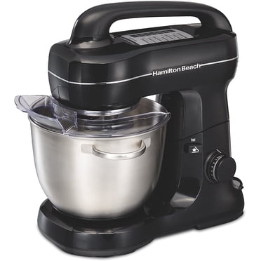 Hamilton Beach Electric Stand Mixer, 4 Quarts, Dough Hook, Flat Beater Attachments, Splash Guard 7 Speeds with Whisk, Black with Top Handle