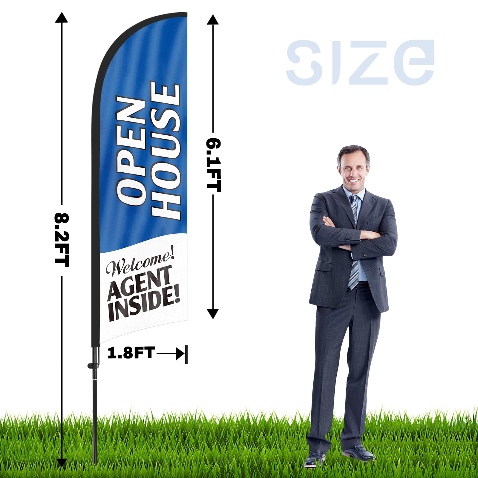QSUM Open House Feather Flag with Flag Pole Kit and Ground Spike, 7FT Open House Windless Flag Banner Sign Business for Welcome Agent Inside Outdoor Advertising Sign Decoration Display（Blue）
