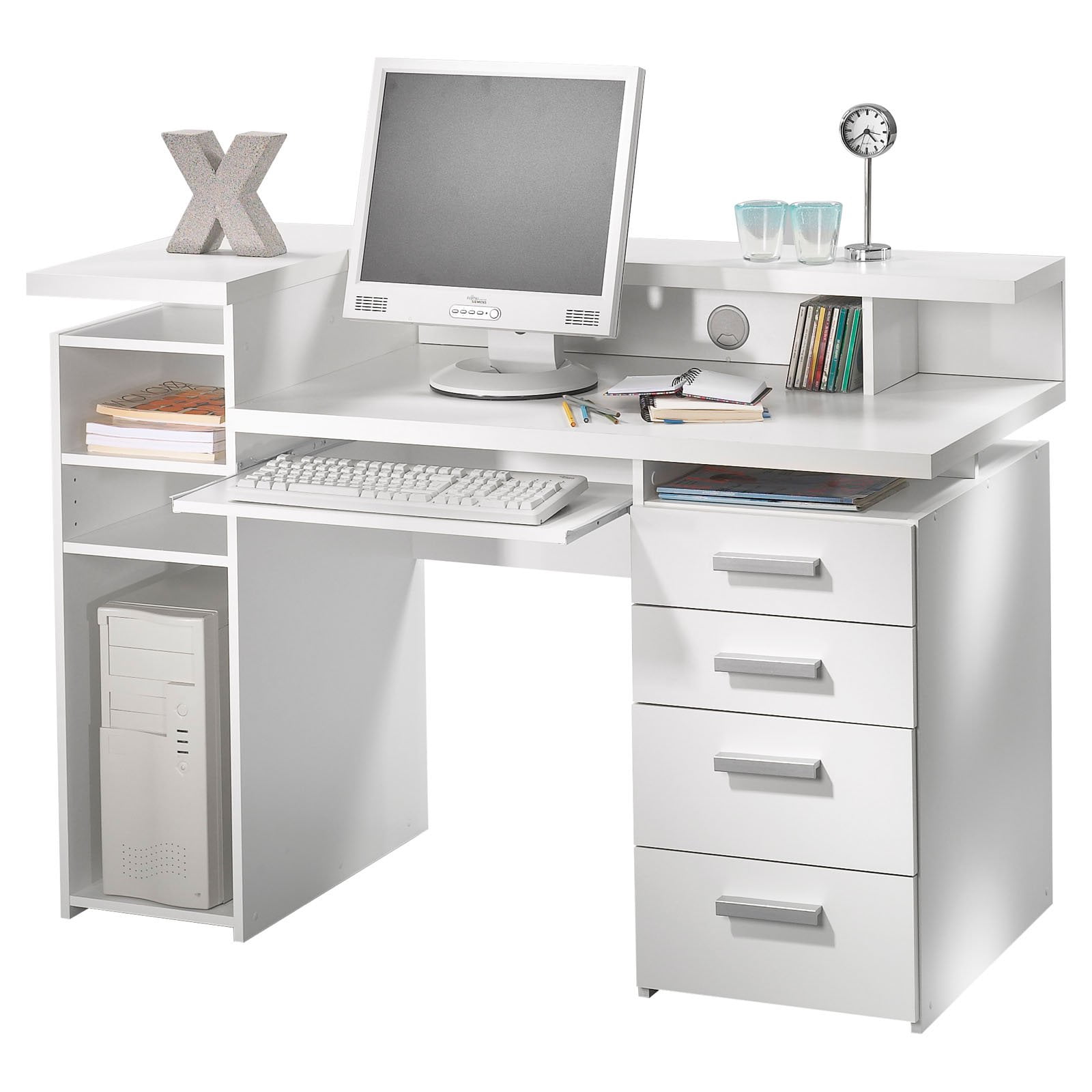 Whitman Office 2 Shelf 4 Drawer Desk With Hutch And Pull Out Keyboard Tray White Box 3 Of