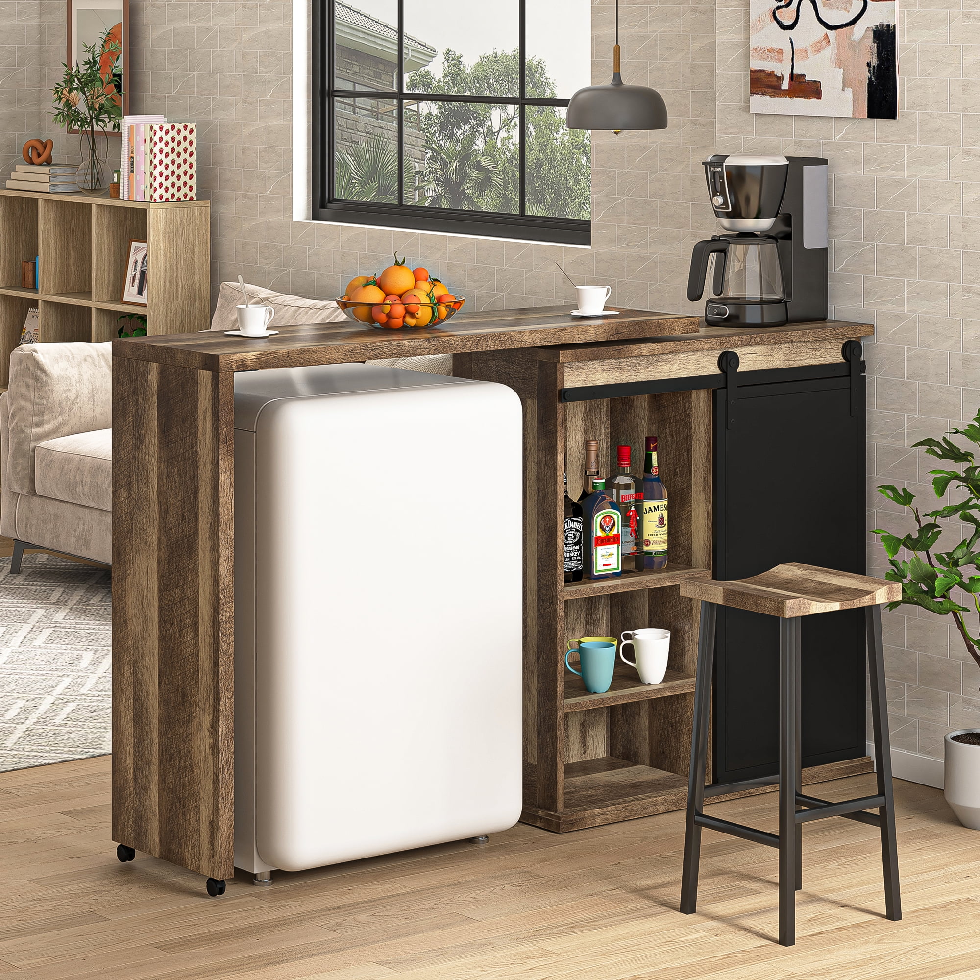 Kadyn 360° Rotatable Bar Cabinet, L-shaped Bar Table for Kitchen, Bar Cabinet with Sliding Barn Door, Free Rotating Sideboard with Adjustable Shelves, Vintage Brown Kadyn 360° Rotatable Bar Cabinet, L-shaped Bar Table for Kitchen, Bar Cabinet with Sliding Barn Door, Free Rotating Sideboard with Adjustable Shelves, Vintage Brown