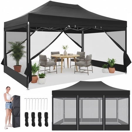 Condition photo showing As Is for hoteel 10x15 heavy duty pop up canopy with mosquito net instant outdoor shelter large canopy tent for outside gazebo with mesh sidewalls for party backyard camping black