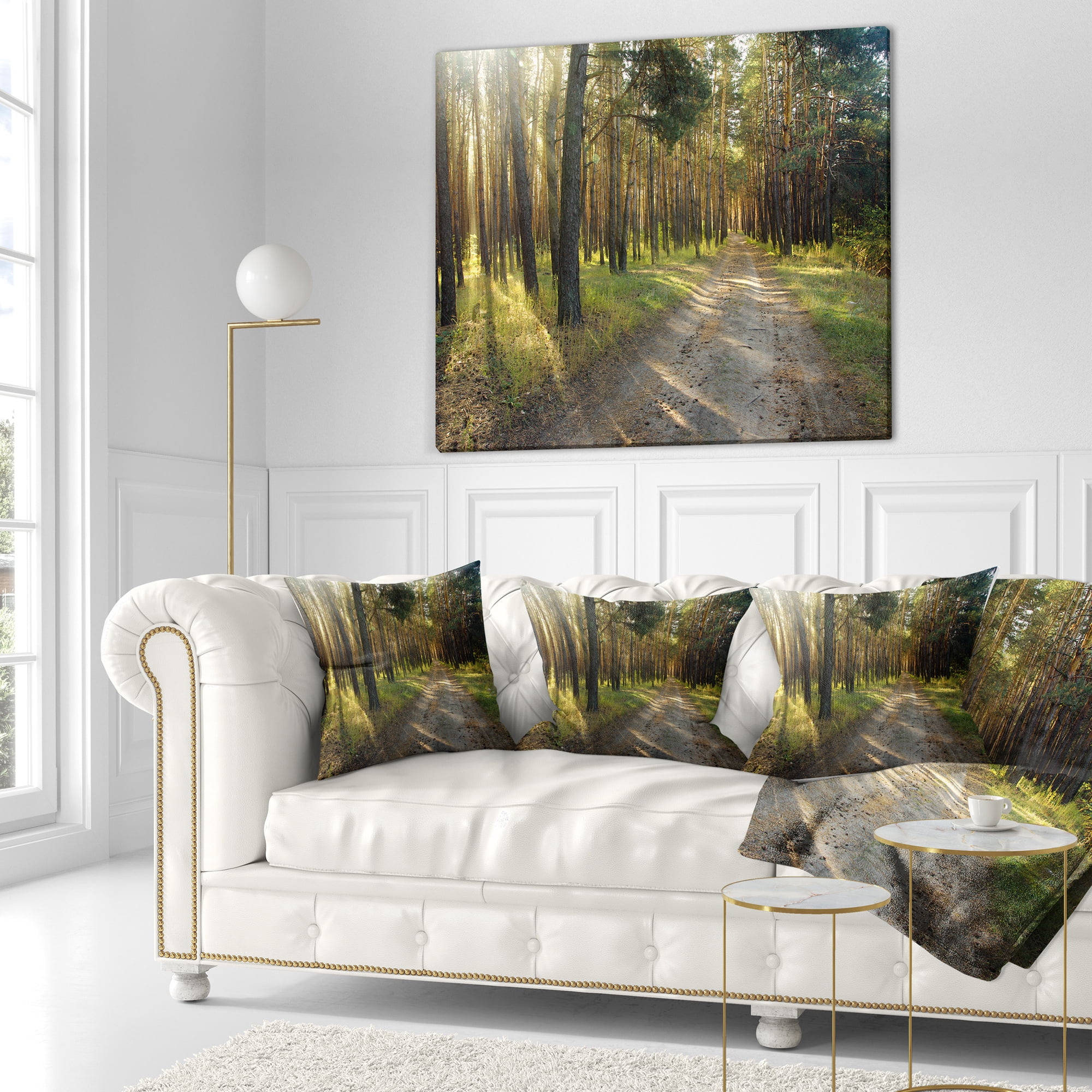Designart Road Through Green Pine Forest - Landscape Photography Throw Pillow - 18x18