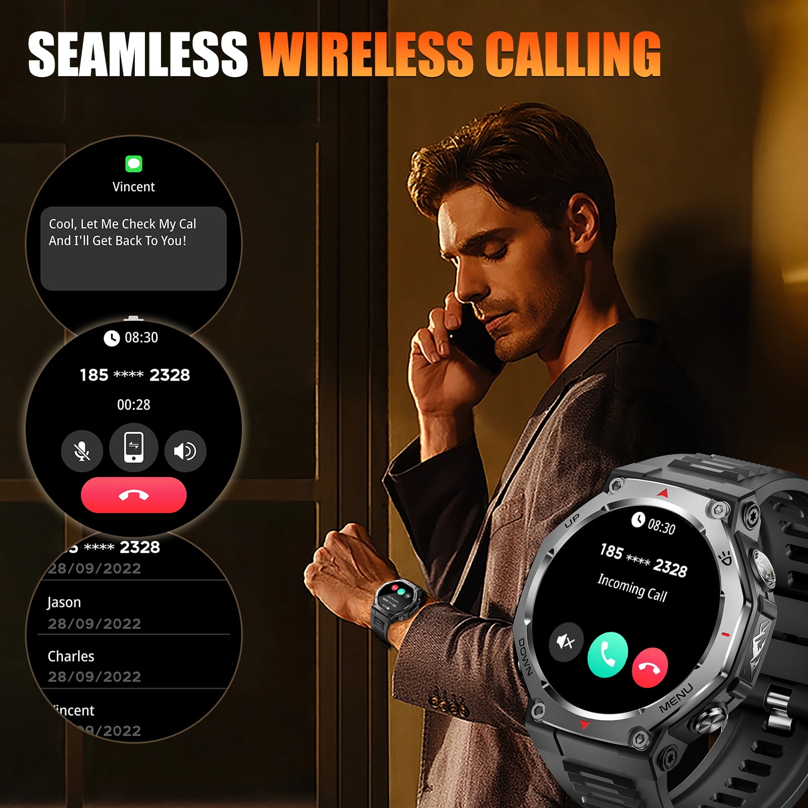 Cyberdyer KT85 Smartwatch for Man with Flashlight, 5ATM Waterproof Smart Watch with Wireless Calling, 1.43’’ AMOLED Screen Watch Compatible with iOS & Android, 1pc