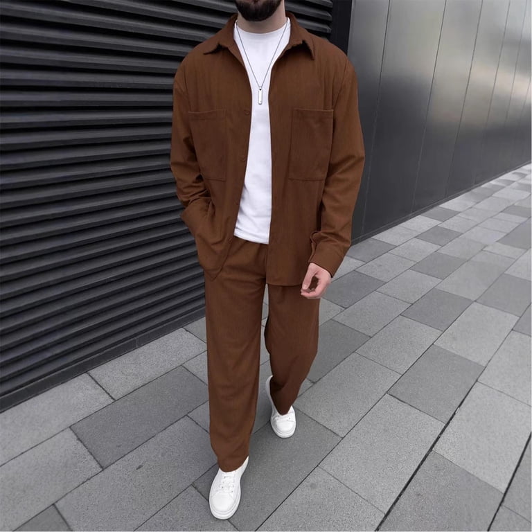YOIAVAIOY Men Corduroy Set Solid Long Sleeve Shacket and Pants