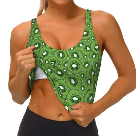 Qokaie Kiwi Fruit Pattern Womens Scoop Neck Sports Bra Breathable Workout Vest Padded U Back Medium Impact Fitness Gym Yoga Bra Workout Crop Top