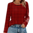 thumbnail image 2 of Nokdvo Woman's Sweatshirts Lightweight Plaid Crew Neck Pullover Long Sleeve Casual Loose Fitting Basic Tees,Red M, 2 of 5