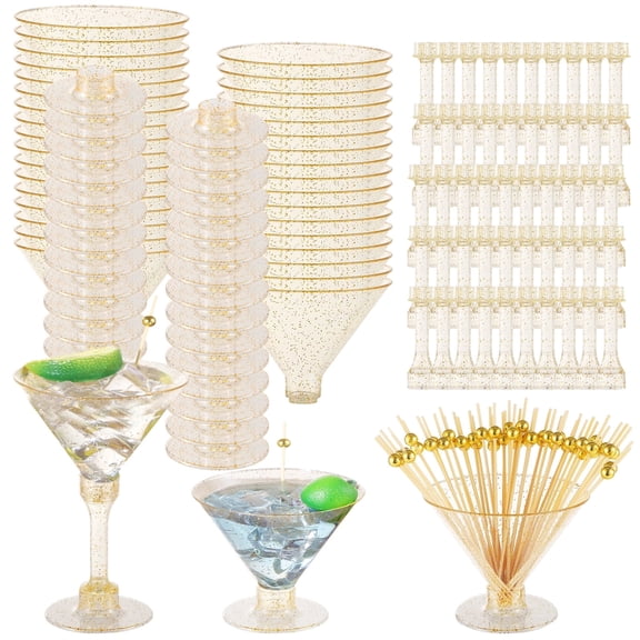 50 Pack Gold Glitter Martini Glasses with Picks – Disposable Plastic Cocktail Cups, Adjustable Height, Shatterproof Party Cups for Weddings, Birthdays & Events, Includes 100 Fruit Picks