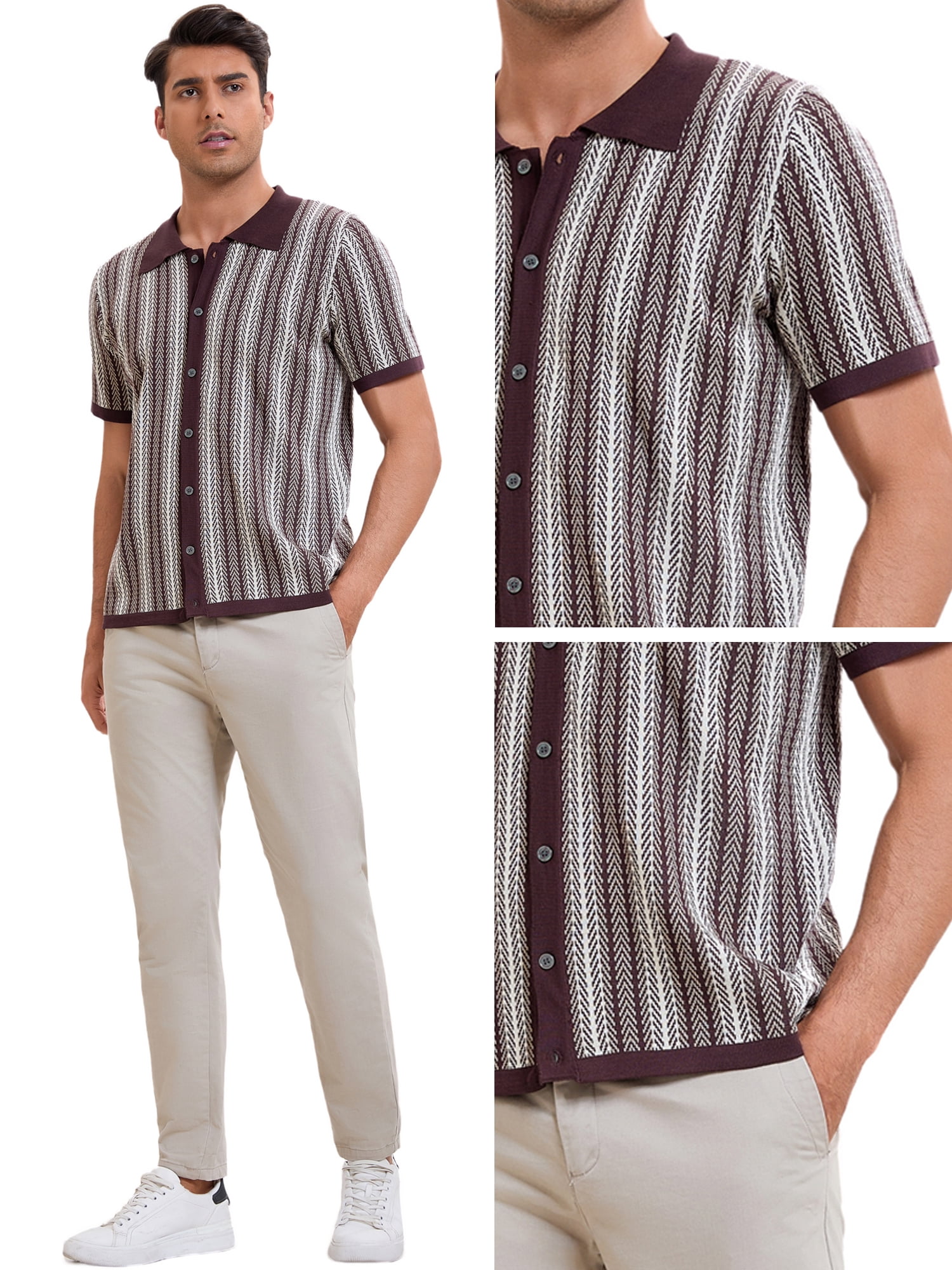 DARING DIVA Men's Striped Short Sleeves Button Down Jacquard Polo Shirts XL Light Brown