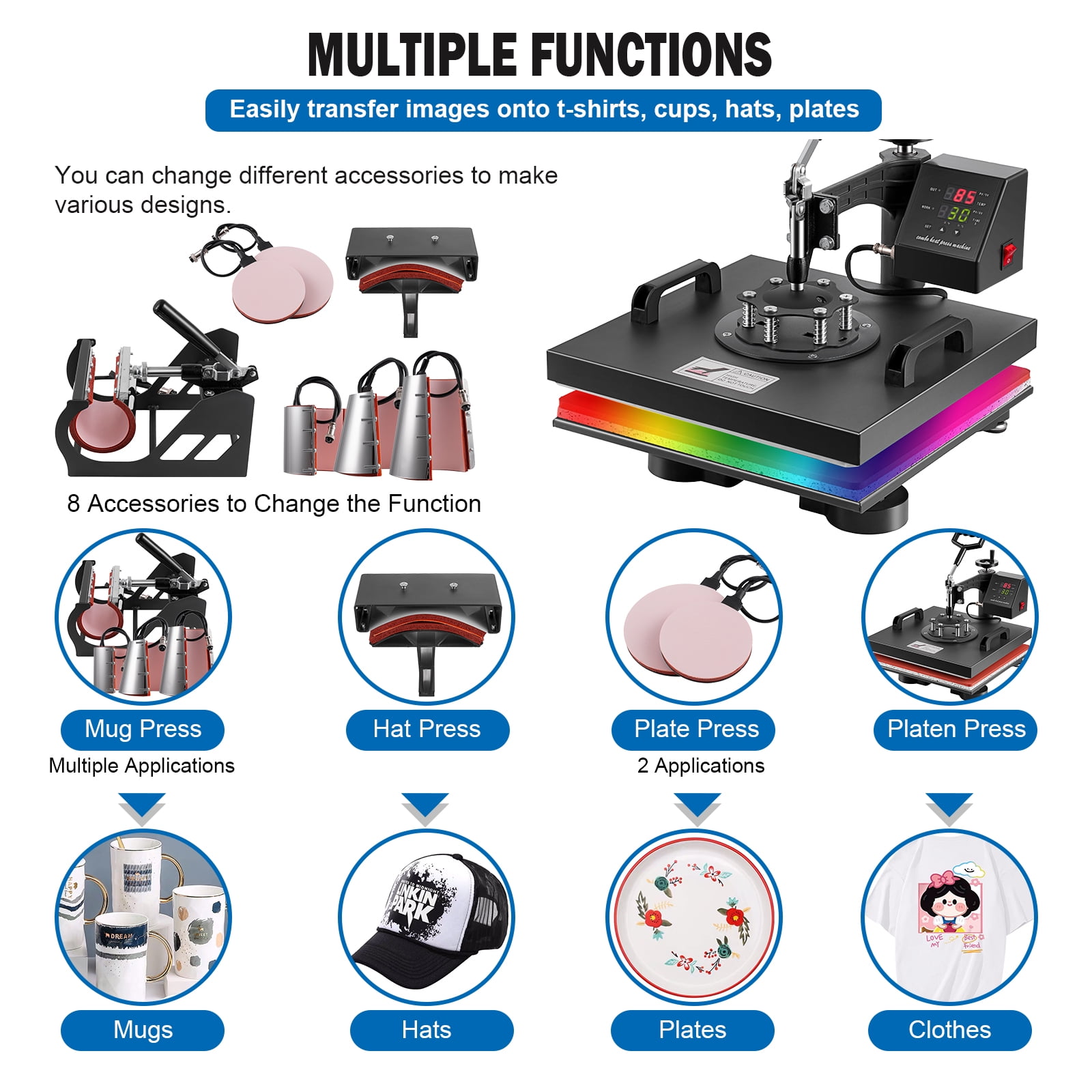 SHZOND Heat Press 8 in 1 Heat Transfer Machine, 15x15 Inch Swing Away Transfer Sublimation Heat Press Machine for T Shirts, Hats, Mugs and Plates