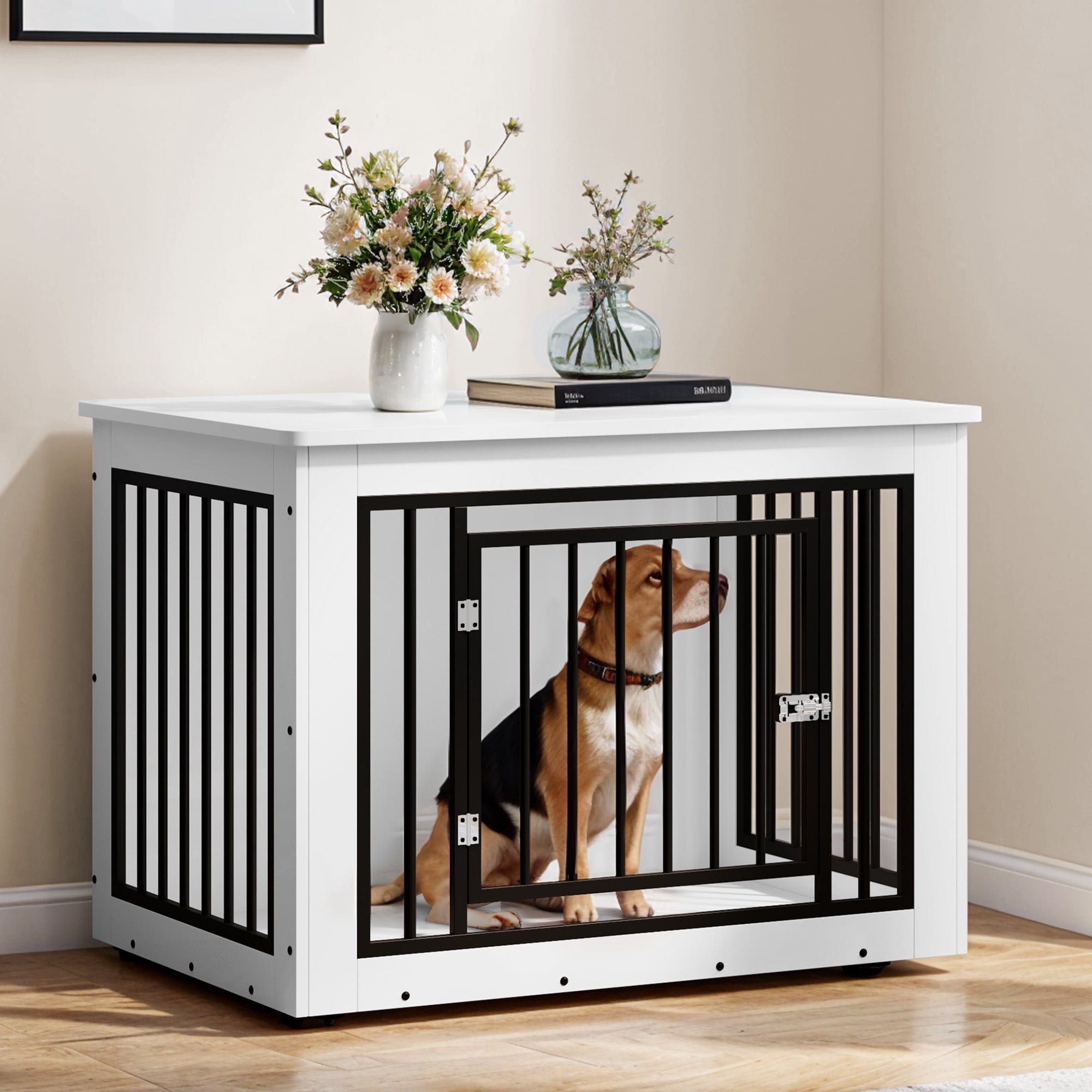 Uforic 38" Wooden Indoor Dog Kennel with Chew Resistant Metal Frame, with Waterproof Top & Rounded Corners for Indoor Use, White