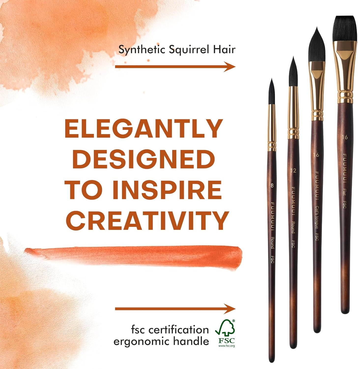 Watercolor Brushes Professional, Fuumuui 10Pcs Synthetic Squirrel Hair Watercolor Paint Brush Set for Artists - Flat, Round Pointed, Dagger, Cat's Tongue Oval Wash