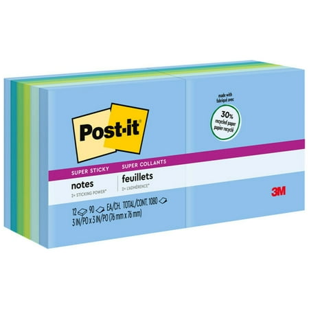 UPC: 0021200473692 | Post-it Recycled Super Sticky Notes  3 in x 3 in  Oasis Collection  12 Pads