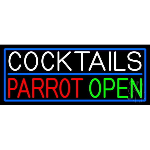 Cocktails Parrot Open With Blue Border LED Neon Sign 10 x 24 - inches, Clear Edge Cut Acrylic Backing, with Dimmer - Bright and Premium built indoor LED Neon Sign for Bar decor.