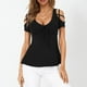 thumbnail image 2 of Camiseta de manga corta de Color sólido con hombros descubiertos y tirantes cruzados con lazo y cuello en V para mujer Pompotops hkajfhjk461778, 2 of 6
