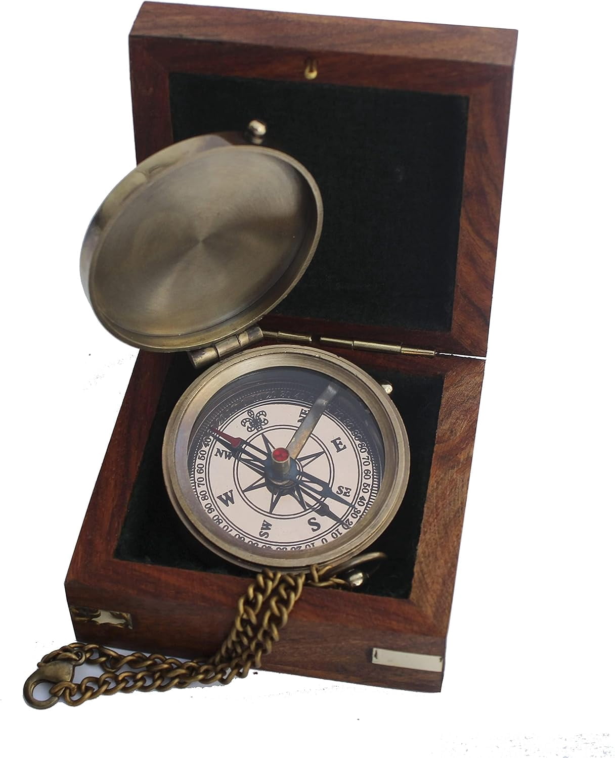 Vintage Brass Compass with Engraved Quote – “Go Confidently in The Direction of Your Dreams” – Nautical Compass with Chain & Rosewood Box – Graduation, Retirement Gift for Him or Her