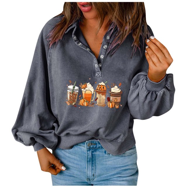 Moda mujer Casual sólido cuello vuelto manga larga botón suelta otoño blusa Tops Pompotops FGAJ21838