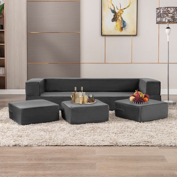 ZAFLY Foldable Sleeper Sofa Bed, Convertible Futon Couch Bed with 3 Ottomans, Fold Out Futon Sofa Bed, Queen Size Floor Couch, Gray